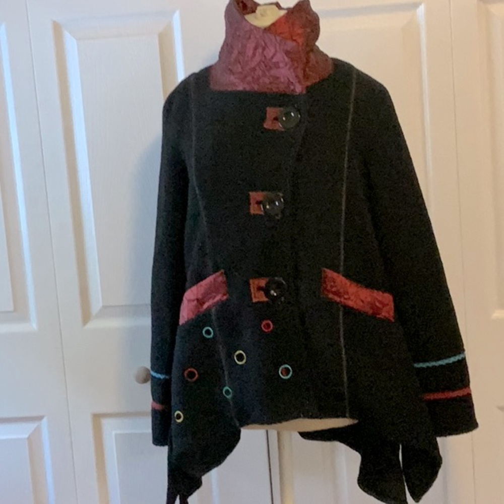 Emma G Wool Jacket- S- Black with Red Lining & Trim-Abstract- 3 Button